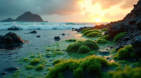 Symbolische Darstellung von Algen und Mineralschlamm mit Ozean und Vulkan im Hintergrund, die die wissenschaftliche Wirkung darstellen