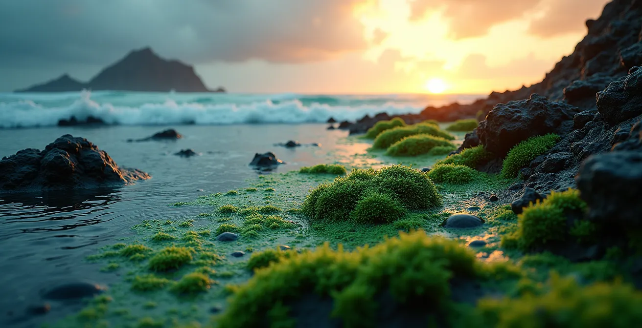 Symbolische Darstellung von Algen und Mineralschlamm mit Ozean und Vulkan im Hintergrund, die die wissenschaftliche Wirkung darstellen