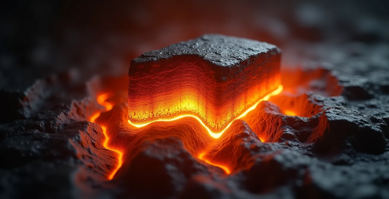 Symbolische Darstellung von Wärme, die von heißen Basaltsteinen ausstrahlt und tief in das Muskelgewebe eindringt