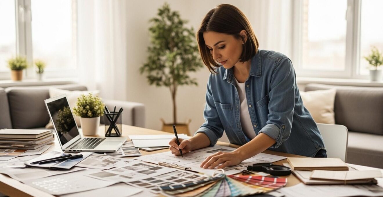 Ein moderner, stilvoll eingerichteter Wohnraum mit Innenarchitekt beim Planen und Skizzieren, umgeben von Moodboards und Materialien