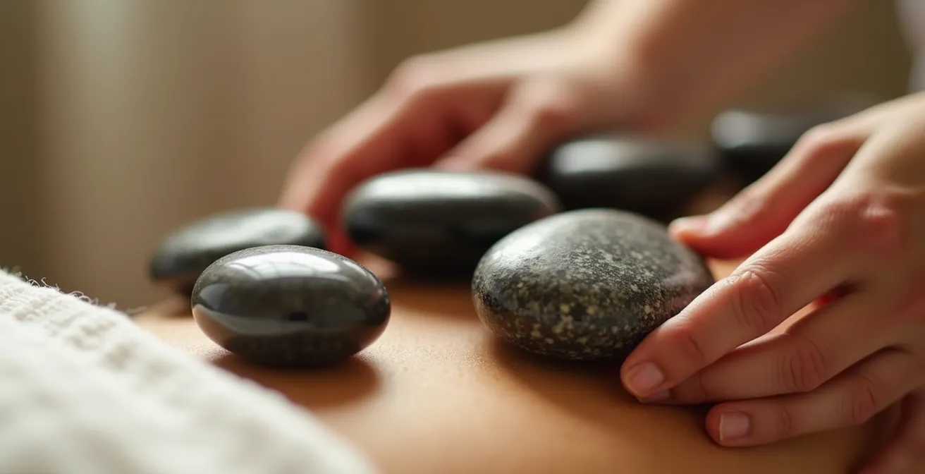 Nahaufnahme von naturbelassenen Basaltsteinen und einem Therapeuten, der Steine auf einem entspannten Rücken platziert