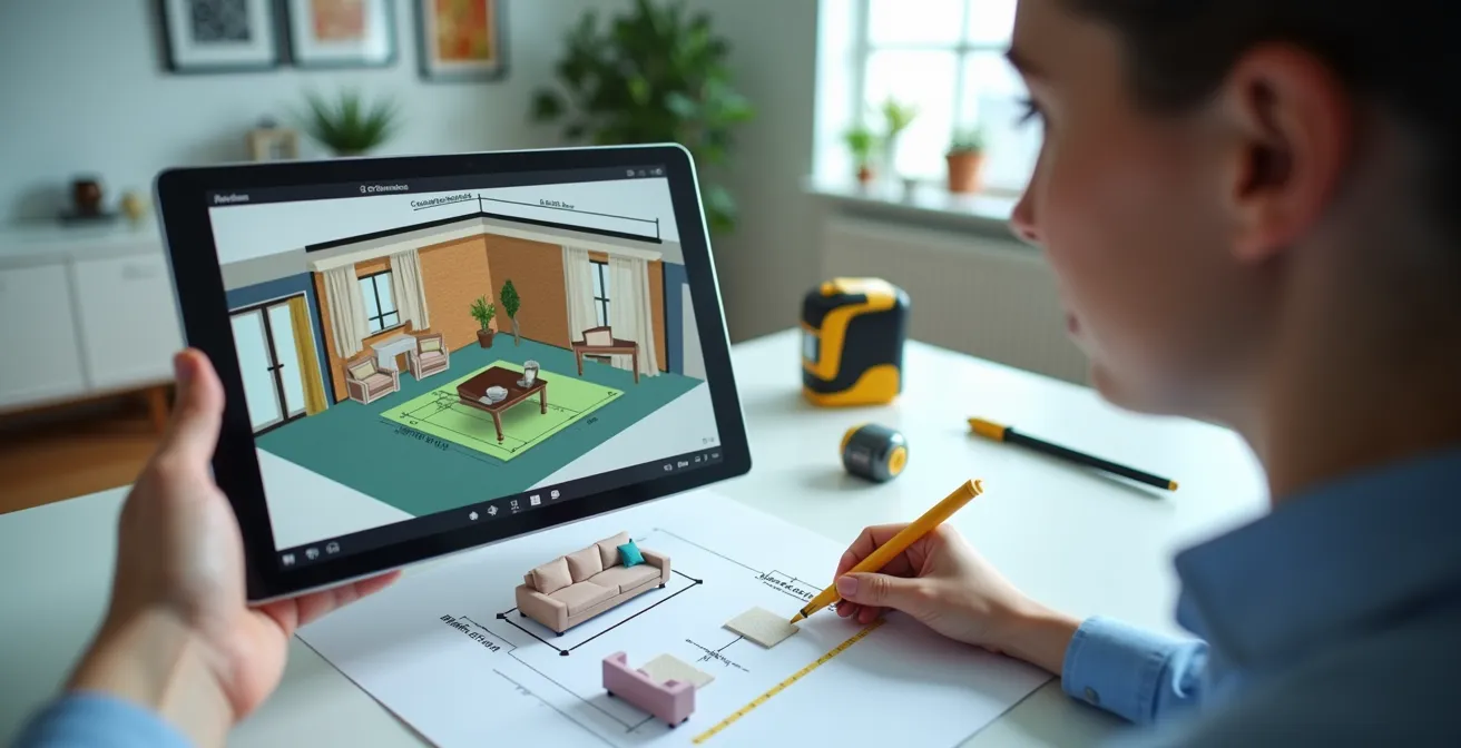 Visualisierung einer digitalen Raumvermessung mit 3D-Modell und Maßband