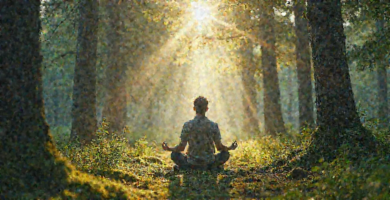 Person meditiert ruhig in einem Wald während eines Shinrin-yoku Spaziergangs umgeben von hohen Bäumen und natürlichem Licht