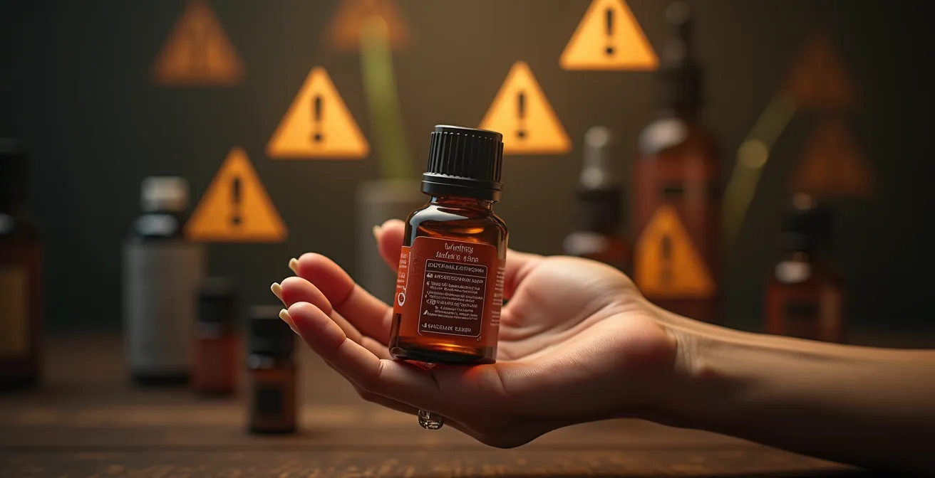 Symbolische Darstellung von Warnzeichen und ätherischen Fläschchen, die vor den Risiken von unsachgemäßer Aromatherapie warnen