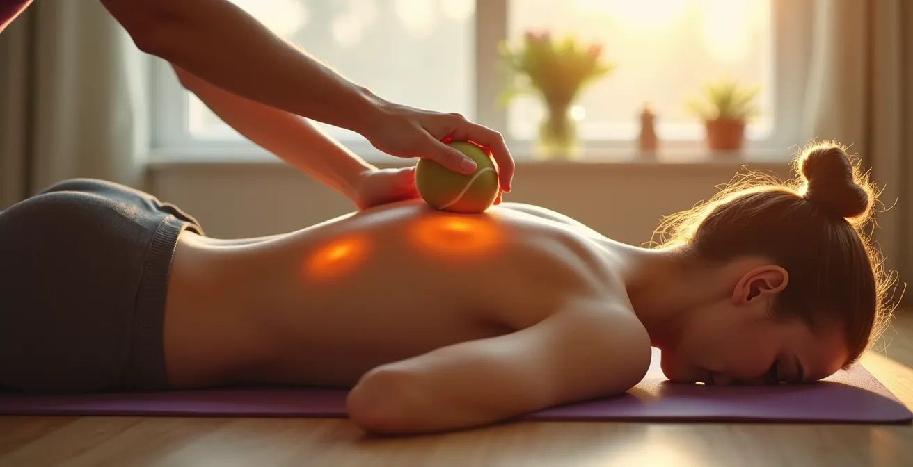 Demonstration der Triggerpunkt-Selbstmassage mit einem Tennisball zur Lösung von Muskelverspannungen