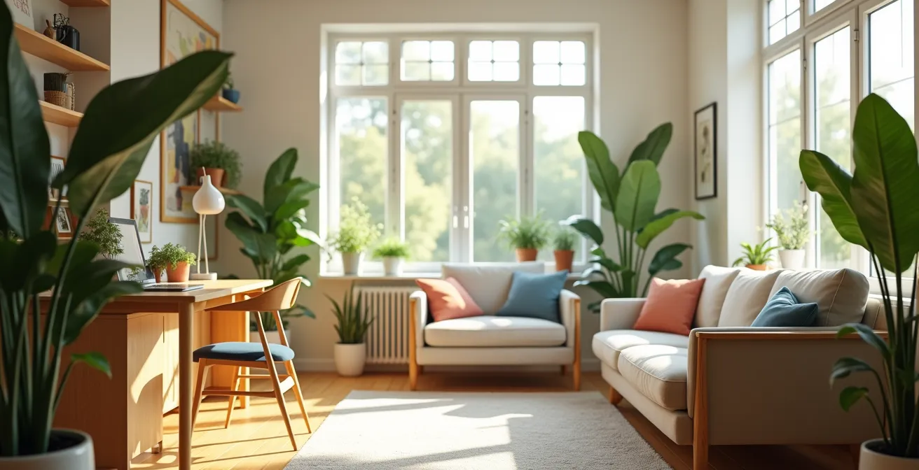 Hell gestalteter, luftiger Wohnraum mit natürlichen Elementen zur Förderung mentaler Gesundheit