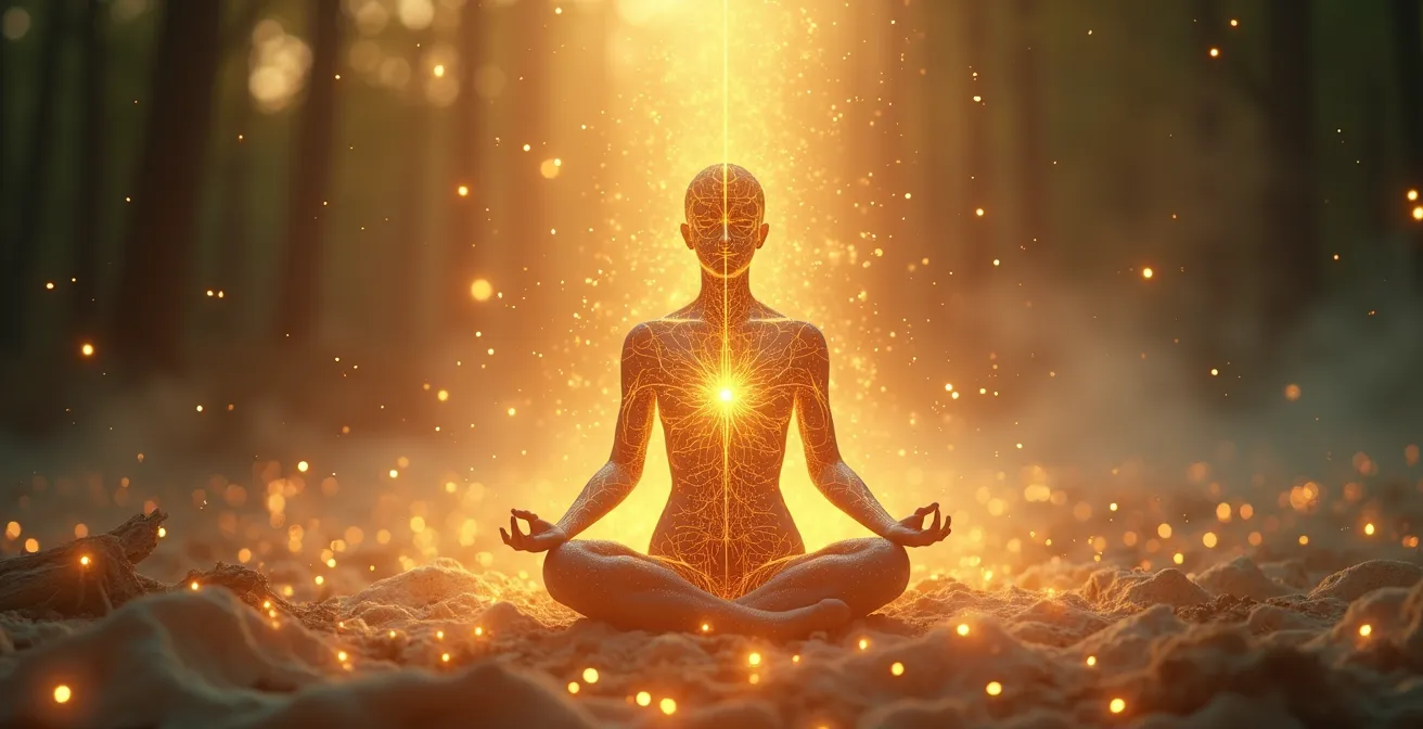 Symbolische Darstellung der unsichtbaren Verbindung zwischen Körper, Geist und Seele für das Wohlbefinden