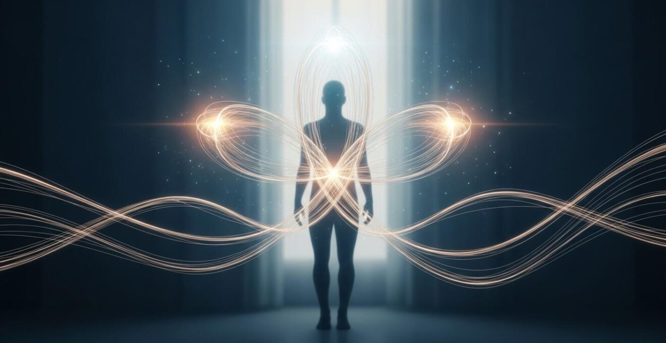 Symbolische Darstellung des Zusammenspiels von Körper, Geist und Seele als unsichtbare Fäden, die das Wohlbefinden steuern