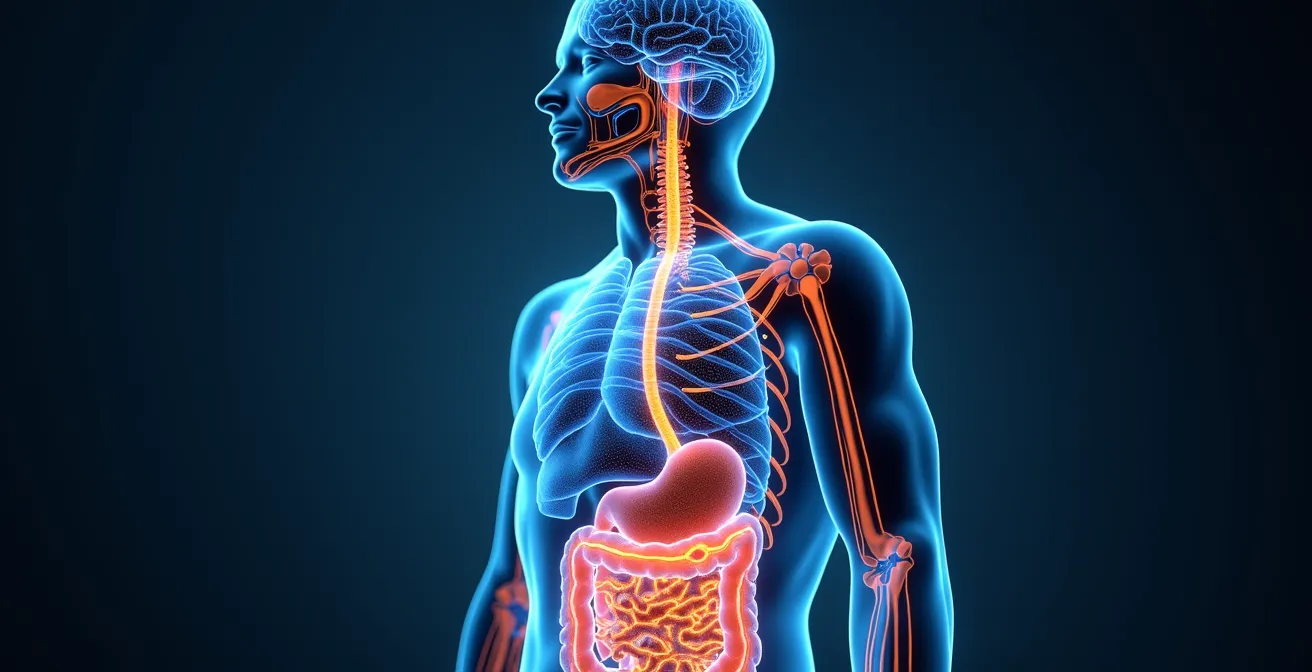 Anatomische Darstellung der Vagusnerv-Verbindung zwischen Darm und Gehirn zur Veranschaulichung der Darm-Hirn-Achse