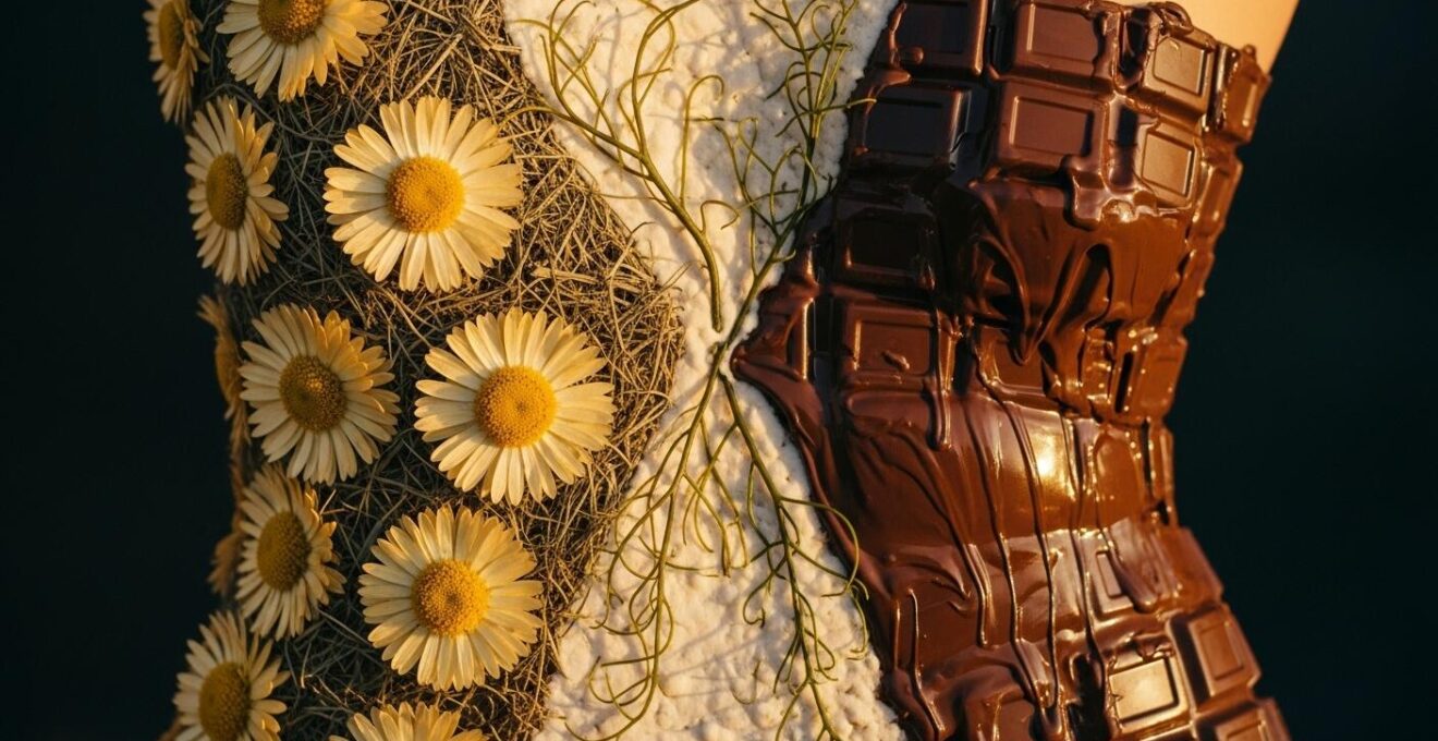Vielfalt von Körperpackungen: von traditionellen Heublumen bis zu luxuriösen Schokoladenpackungen, symbolisch dargestellt