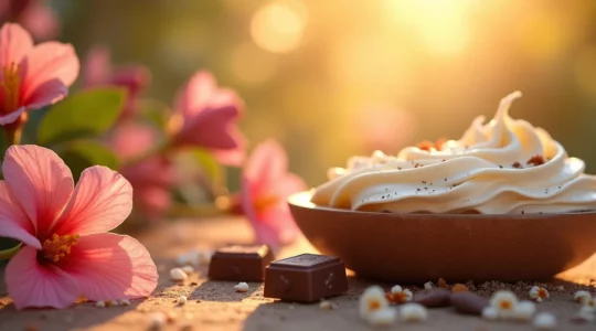 Symbolische Darstellung verschiedener Körperpackungen mit heilenden Pflanzen, cremiger Schokolade und Almwiesenkräutern.