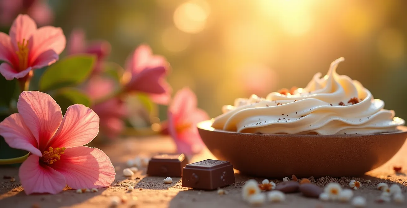 Symbolische Darstellung verschiedener Körperpackungen mit heilenden Pflanzen, cremiger Schokolade und Almwiesenkräutern.