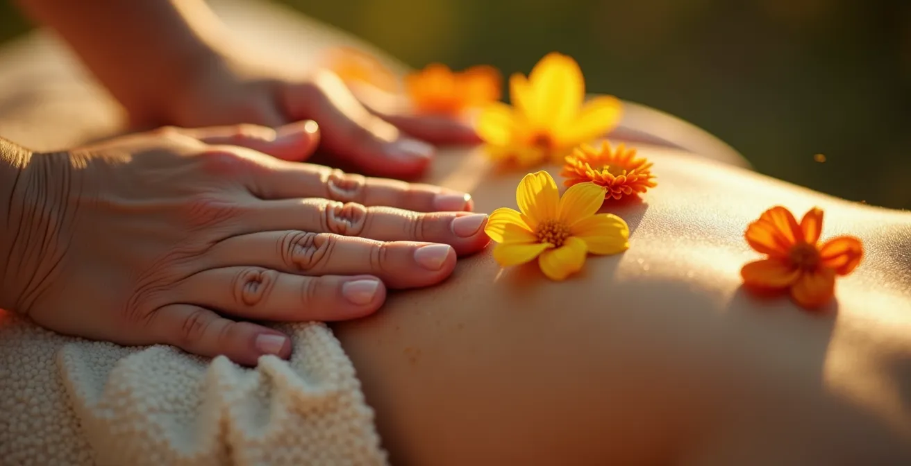 Detailaufnahme einer Heublumenpackung auf einem warmen Almwiesen-Hintergrund mit entspannenden Händen einer Faszienmassage