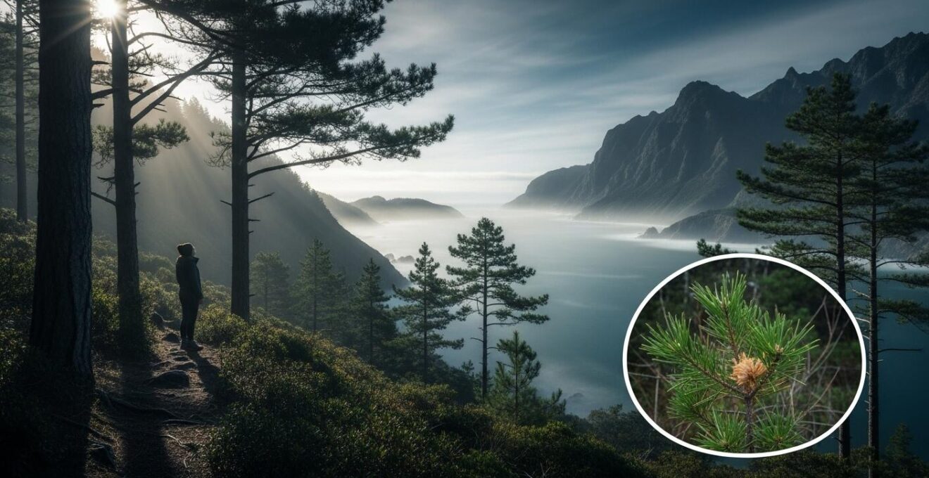Szene mit Waldbaden, Meeresbrise, Bergluft – mentale und physische Regeneration in der Natur; Deutsch
