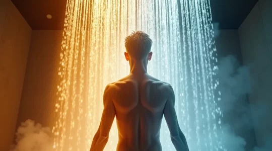 Person unter einer Wechseldusche mit warmen und kalten Wasserstrahlen, umgeben von einer energetischen Aura, die Vitalität und Gesundheit symbolisiert
