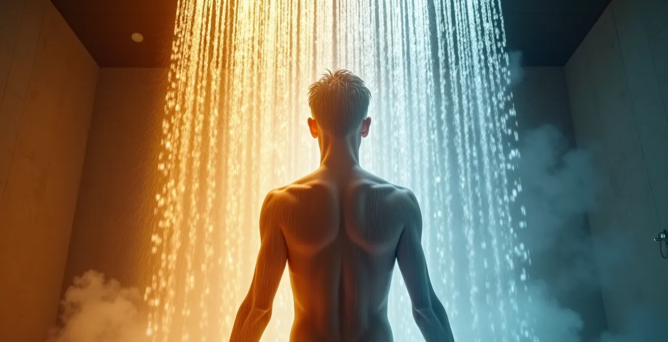 Person unter einer Wechseldusche mit warmen und kalten Wasserstrahlen, umgeben von einer energetischen Aura, die Vitalität und Gesundheit symbolisiert
