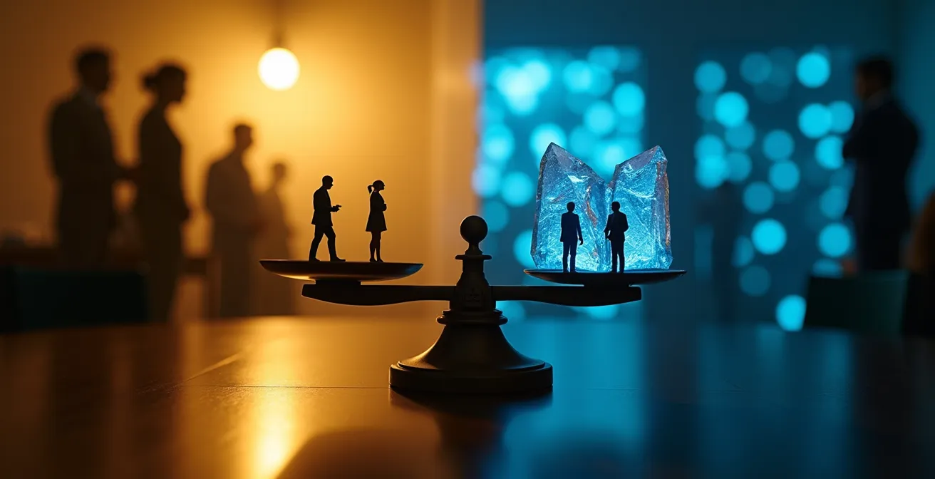 Abstrakte Darstellung algorithmischer Entscheidungsfindung, die eine Waage zwischen Menschen und Datenmustern zeigt.