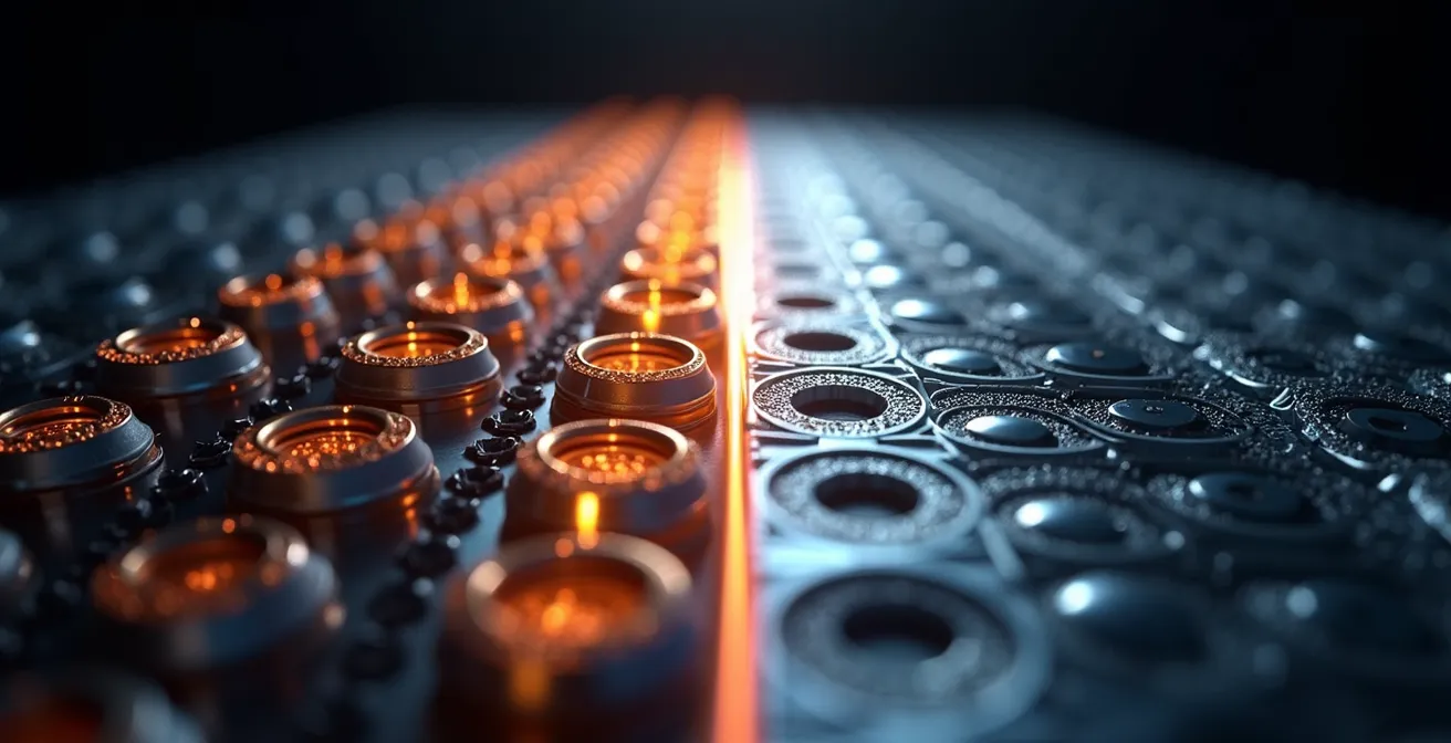 Makroaufnahme von Batteriezellen und Wasserstoff-Brennstoffzelle im direkten Vergleich