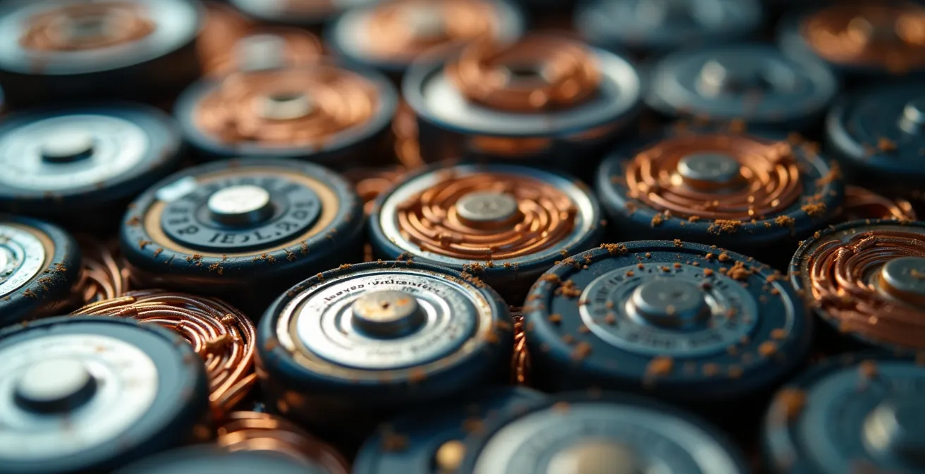 Makroaufnahme von Batteriezellen in verschiedenen Recycling-Stadien