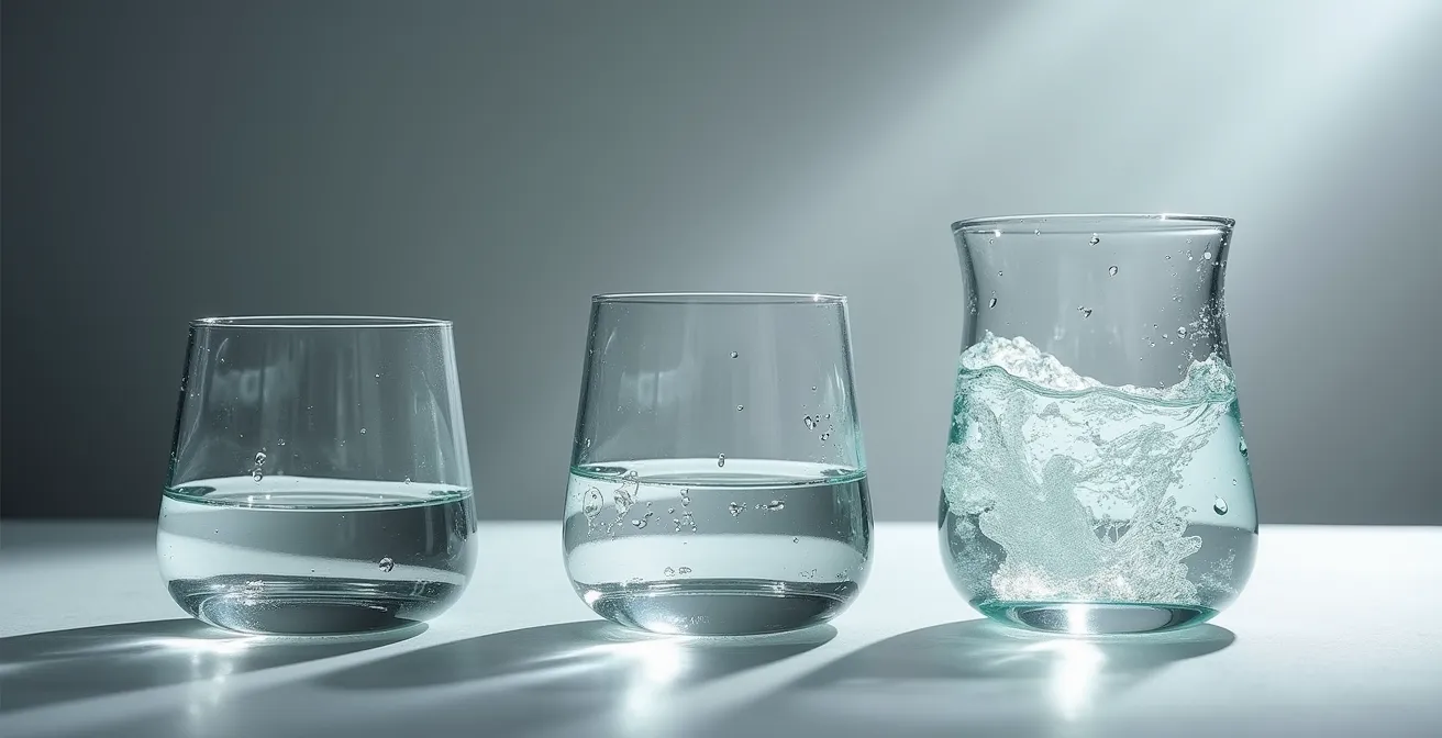 Drei Glasbehälter, die symbolisch den Wasserverbrauch verschiedener Textilien vergleichen: minimal für Hanf, mittel für Bio-Baumwolle, überlaufend für konventionelle Baumwolle.