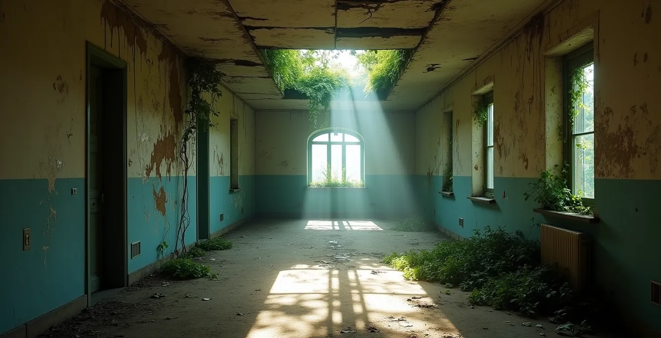 Atmosphärischer verlassener Korridor der historischen Beelitz-Heilstätten mit natürlichem Lichteinfall