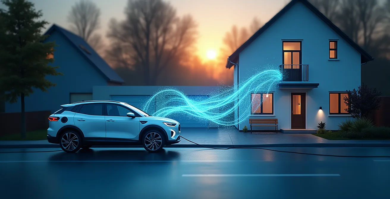 Elektroauto an Wallbox angeschlossen mit visualisiertem bidirektionalem Energiefluss zum Haus