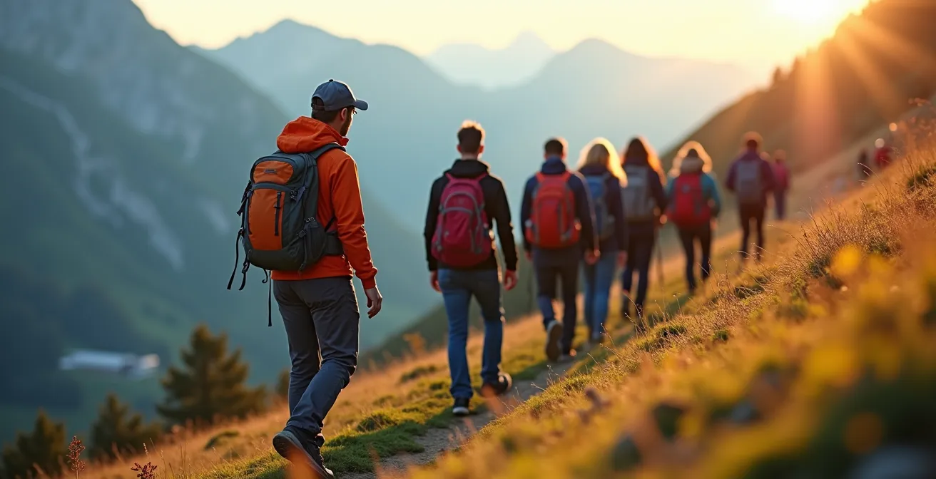 Wandergruppe mit Guide traversiert einen alpinen Bergpfad mit Sicherheitsausrüstung