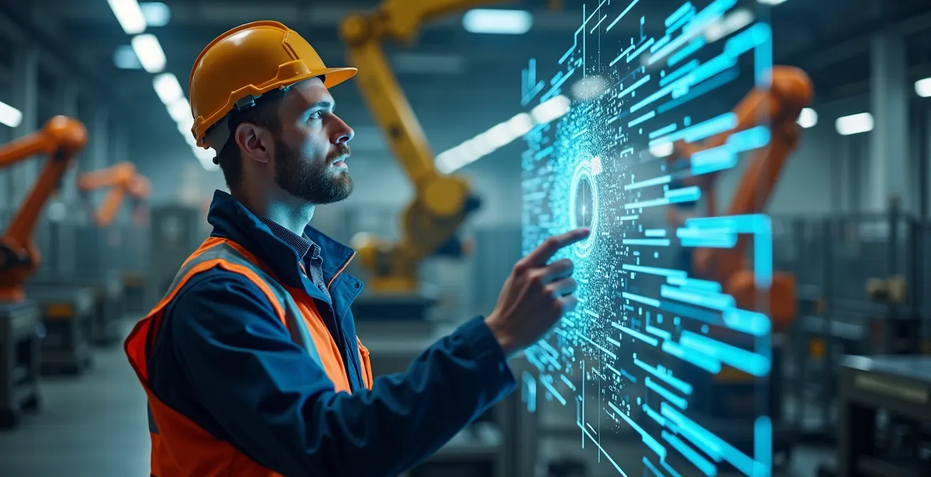 Moderne deutsche Produktionshalle mit vernetzten Maschinen und IoT-Sensoren