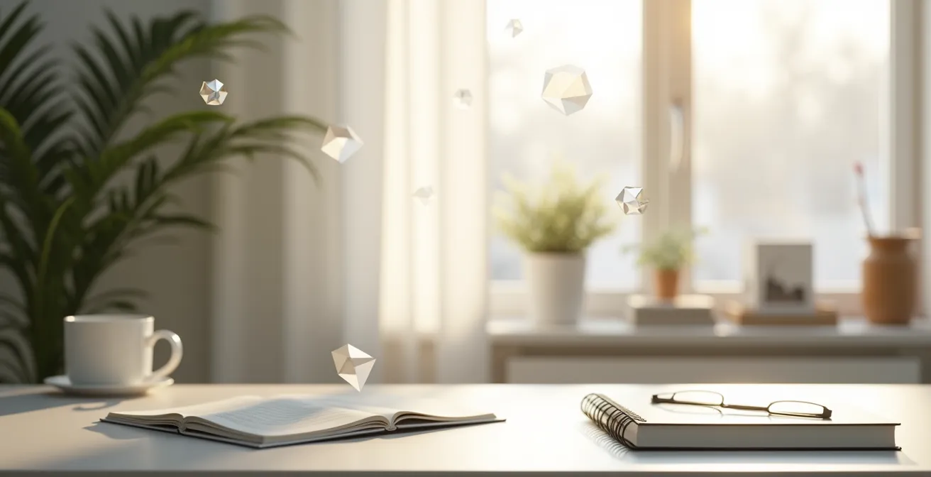 Minimalistischer Arbeitsplatz mit subtilen visuellen Elementen, die KI-Assistenz symbolisieren