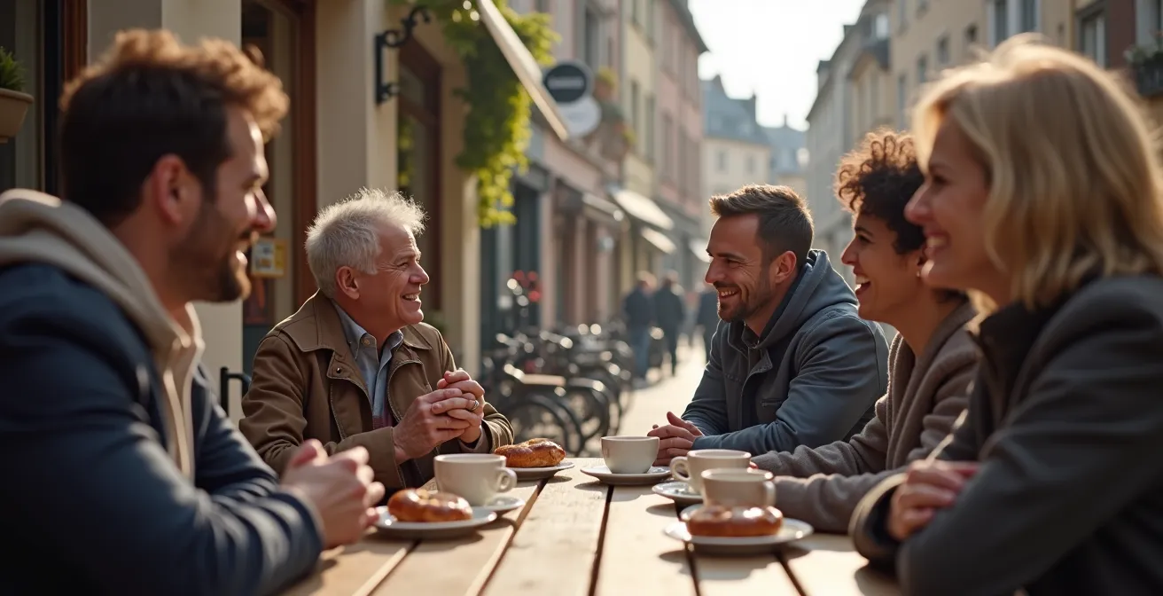 Lokales Café in deutschem Stadtviertel mit Menschen beim Frühstück