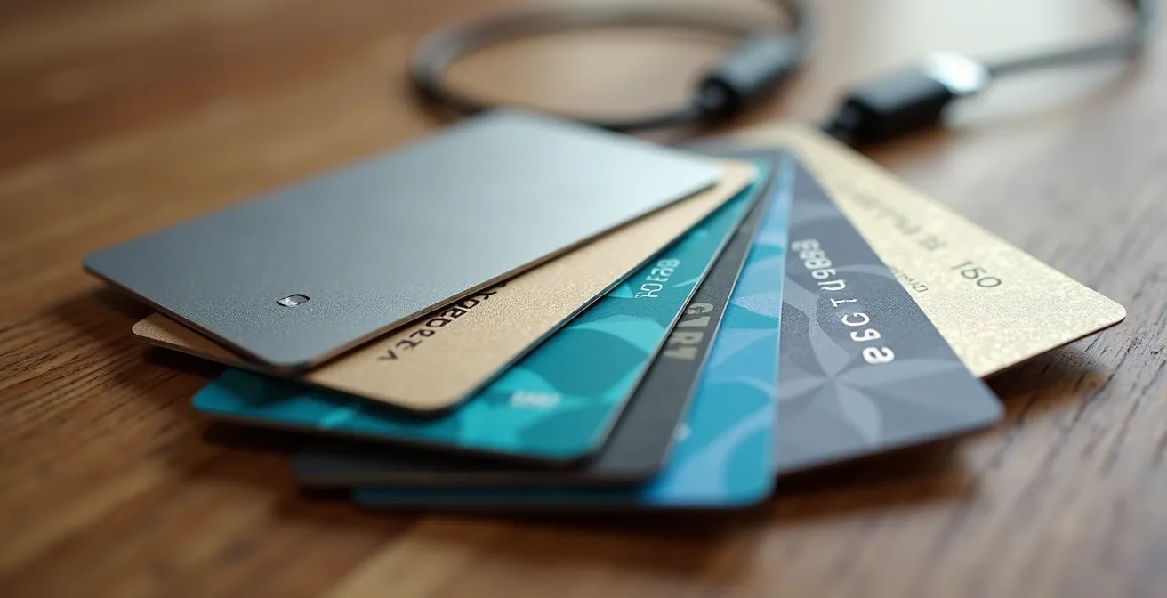 Verschiedene Ladekarten arrangiert auf einem Holztisch mit verschwommenem Ladekabel im Hintergrund