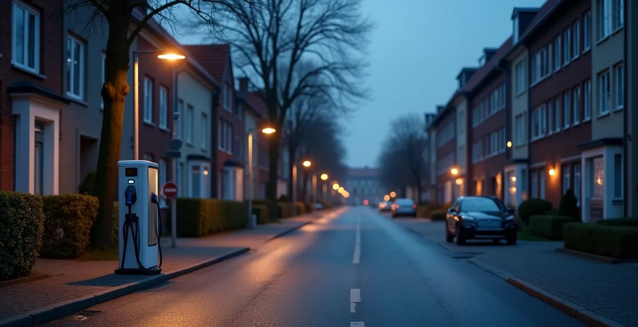 Straßenszene mit integrierter Ladelösung in Straßenlaternen bei Nacht