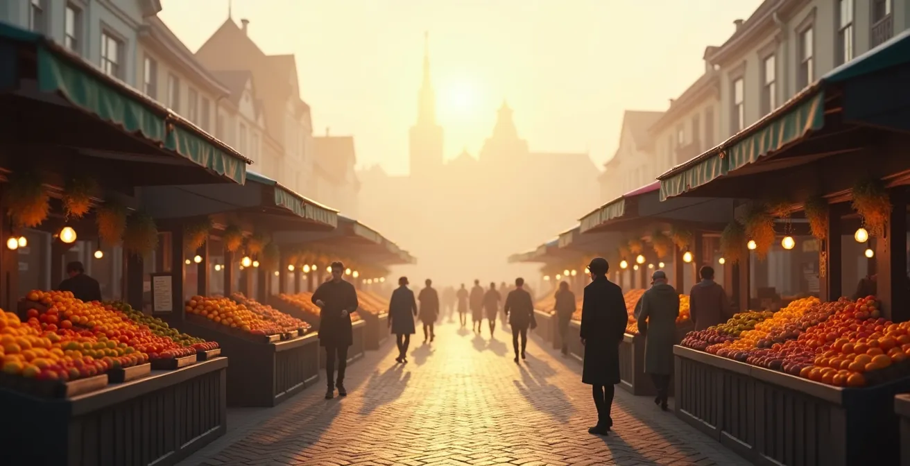 Kultureller Austausch zwischen Reisenden und Verkäufern auf einem deutschen Wochenmarkt