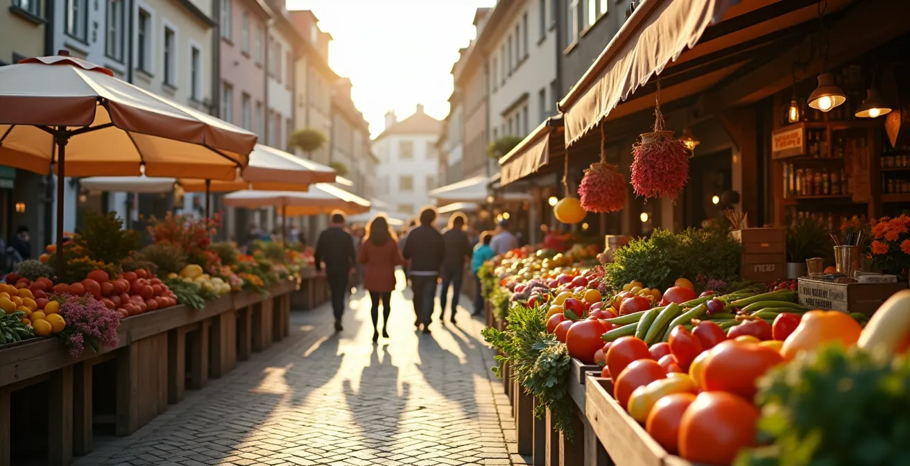 Lebendiger deutscher Wochenmarkt mit regionalen Produkten und Einheimischen im Gespräch