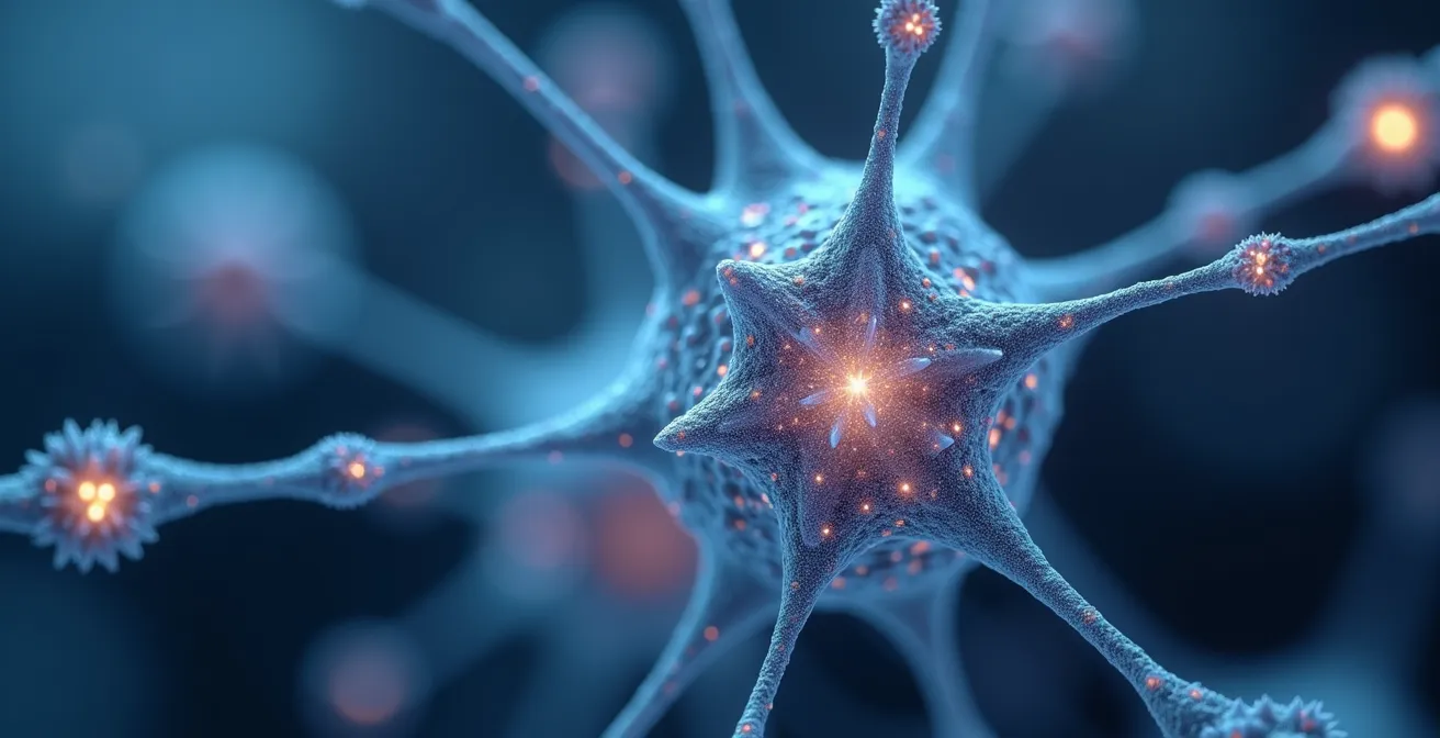 Makroaufnahme eines abstrakten neuronalen Netzwerks mit leuchtenden Knotenpunkten und Verbindungslinien