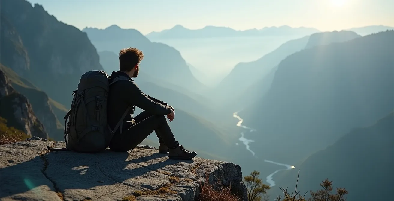 Bergsteiger in meditativer Pose auf Felsvorsprung mit weitem Talblick