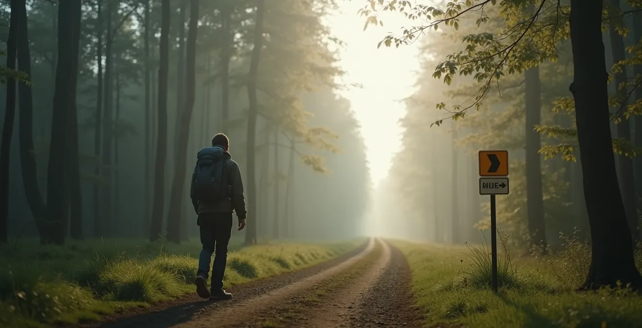 Wanderer auf deutschem Premium-Wanderweg mit Deutschland-Ticket in der Hand, umgeben von malerischer Natur