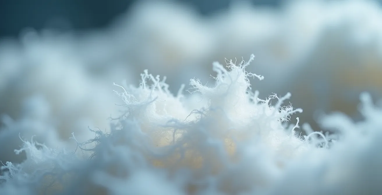 Nahaufnahme von synthetischen Textilfasern, die sich von einem Stoff lösen und das Mikroplastik-Problem visualisieren.