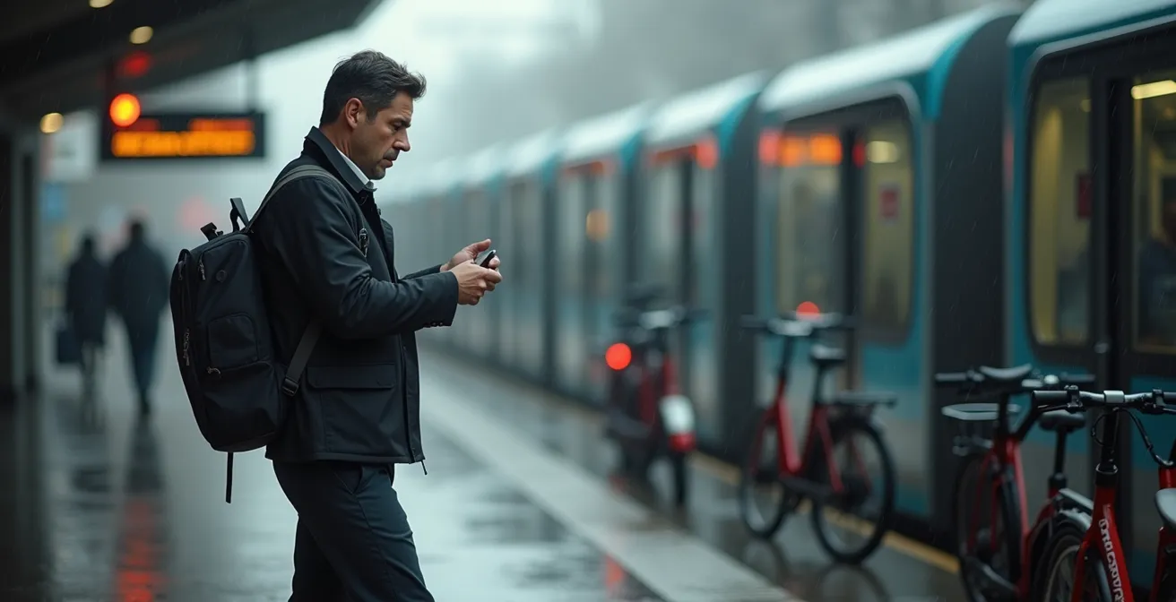 Reisender zwischen verschiedenen Verkehrsmitteln an einem Mobilitätsknotenpunkt in Deutschland