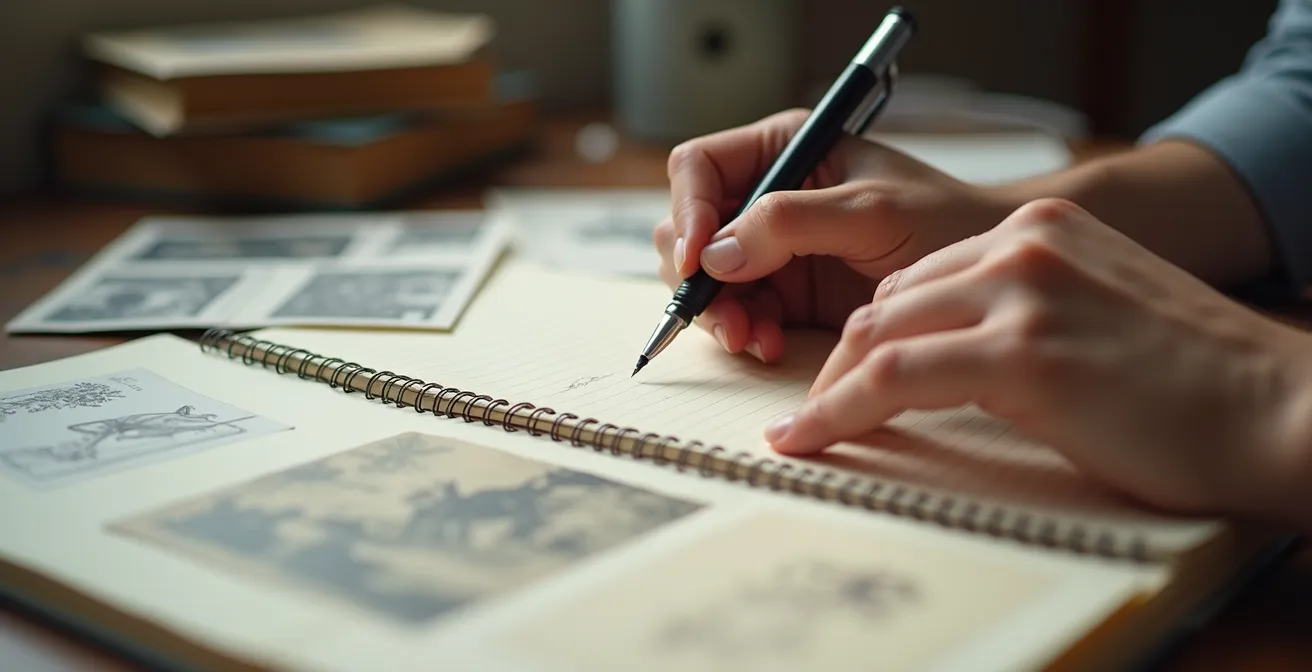 Nahaufnahme von Händen, die in ein offenes Notizbuch schreiben, umgeben von Museumspostkarten und Skizzen auf einem Holztisch.