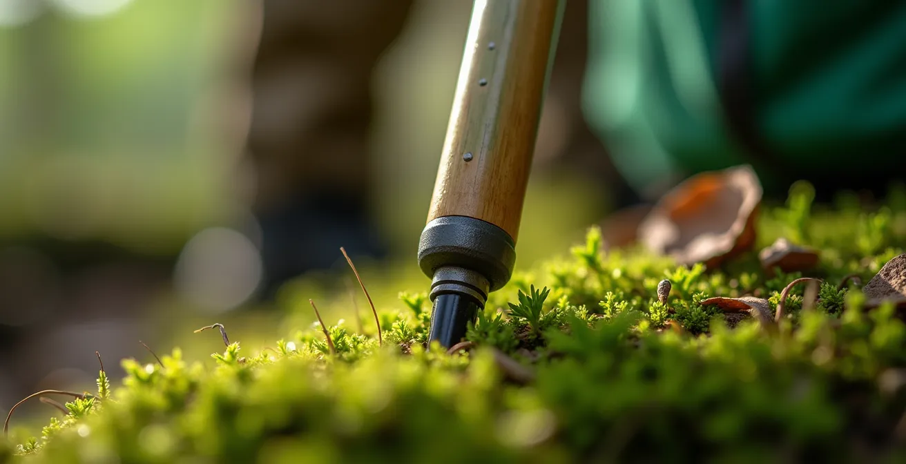 Makroaufnahme von nachhaltigem Outdoor-Equipment auf Waldboden