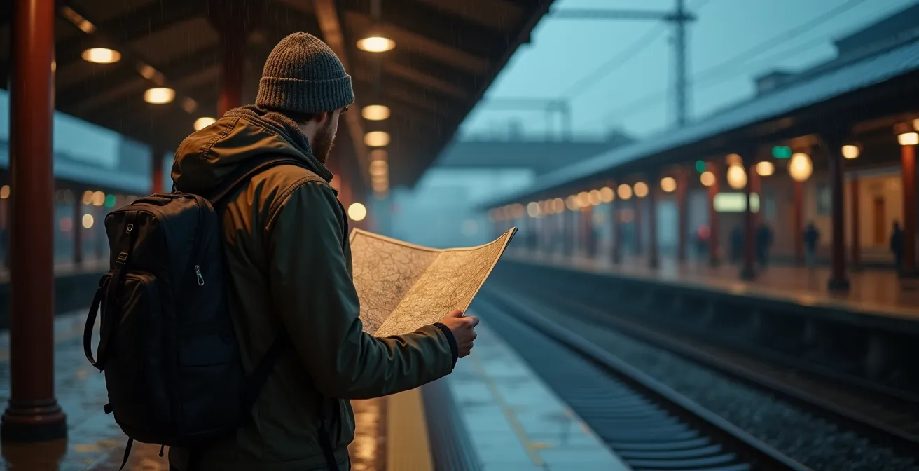 Reisender studiert Karte an verlassenem Bahnhof bei Regen, zeigt Entschlossenheit
