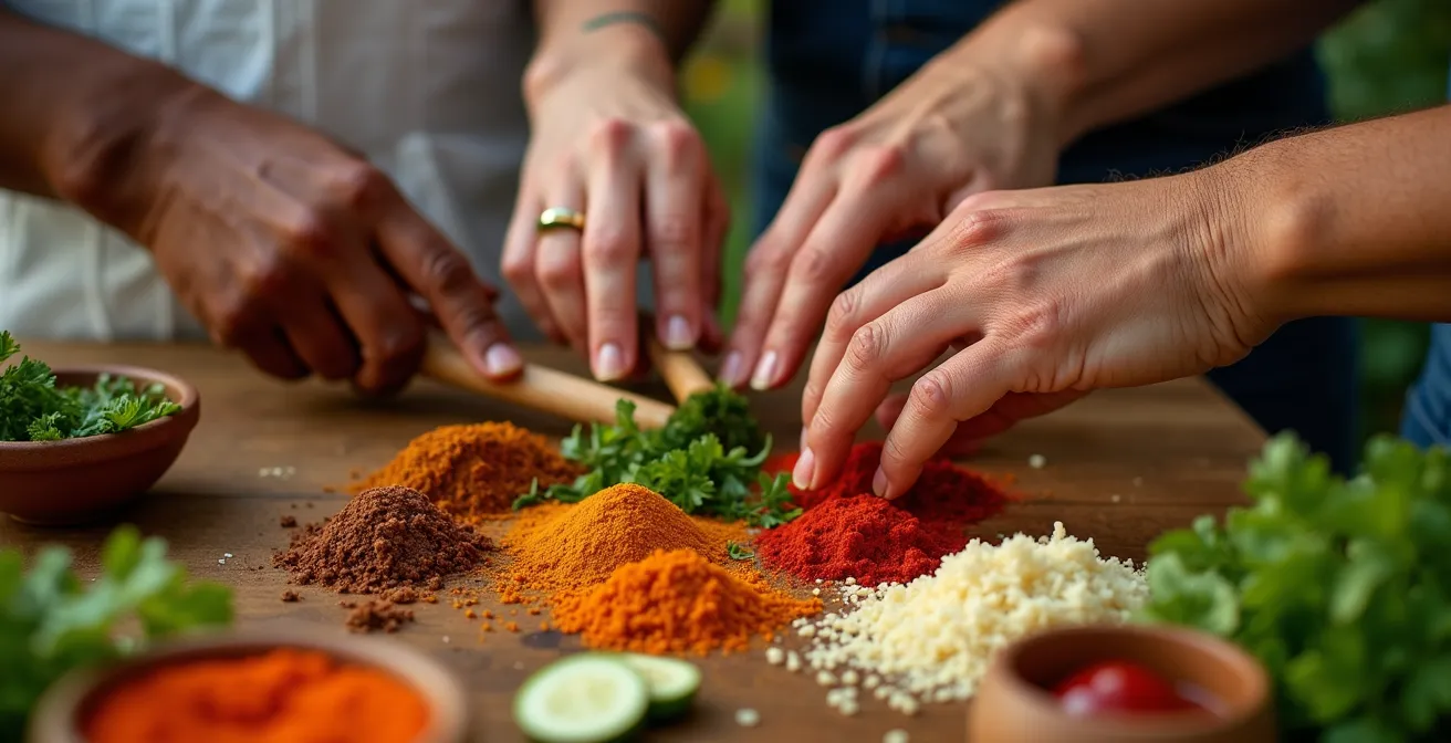 Makroaufnahme von Händen verschiedener Kulturen beim gemeinsamen Kochen