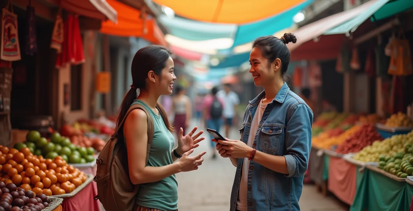 Reisende improvisieren eine Lösung mit lokalen Materialien auf einem belebten Markt