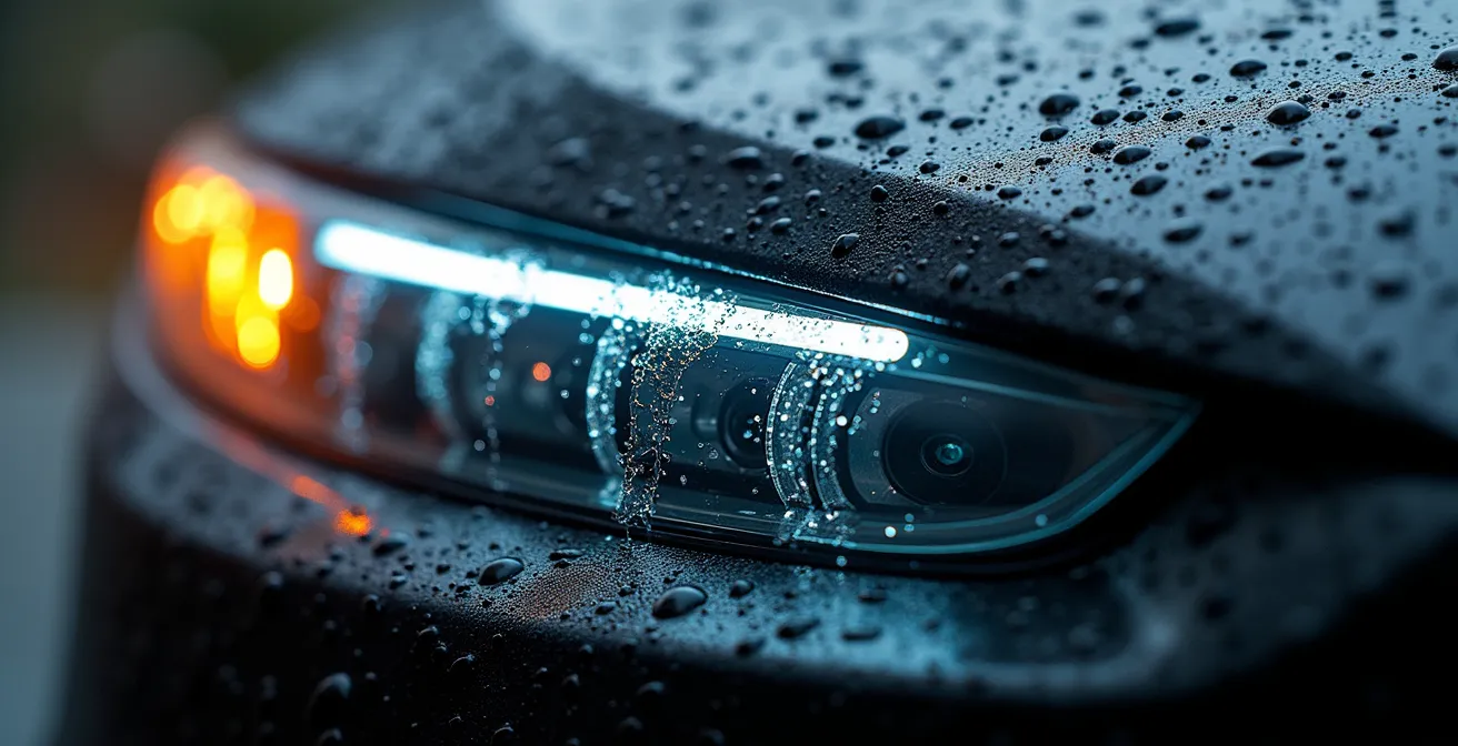 Nahaufnahme verschiedener Fahrzeugsensoren bei schlechten Wetterbedingungen