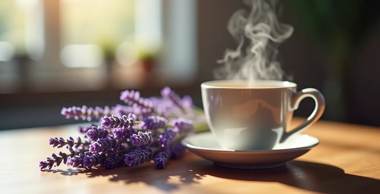 Makroaufnahme von Lavendelblüten und Teetasse auf Holztisch mit unscharfem Büro im Hintergrund