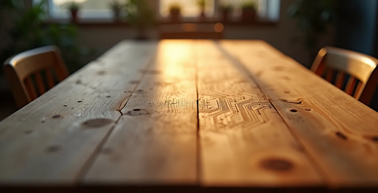 Futuristisches aber warmes Zuhause mit unsichtbarer intelligenter Technologie, angedeutet durch subtile Muster auf Oberflächen.