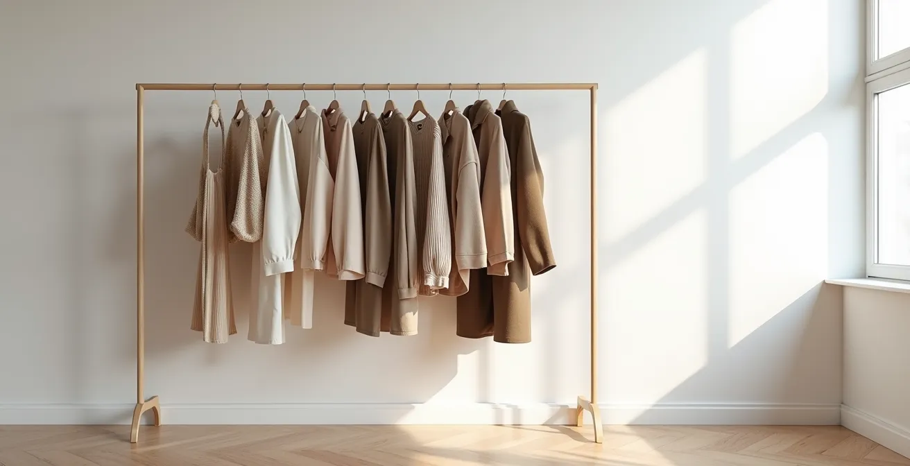 Gestaffelte Kleidungsschichten in verschiedenen Texturen und Farbtönen in einem minimalistischen Kleiderschrank.