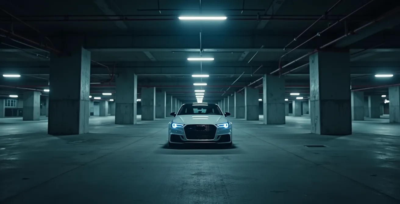 Fahrzeug bei Nacht mit abstrakten Datenströmen im Hintergrund