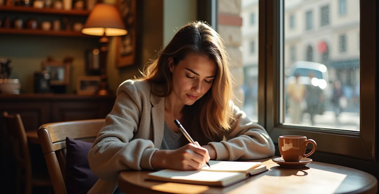 Person sitzt allein in gemütlichem Café mit Reisetagebuch, entspannte Atmosphäre